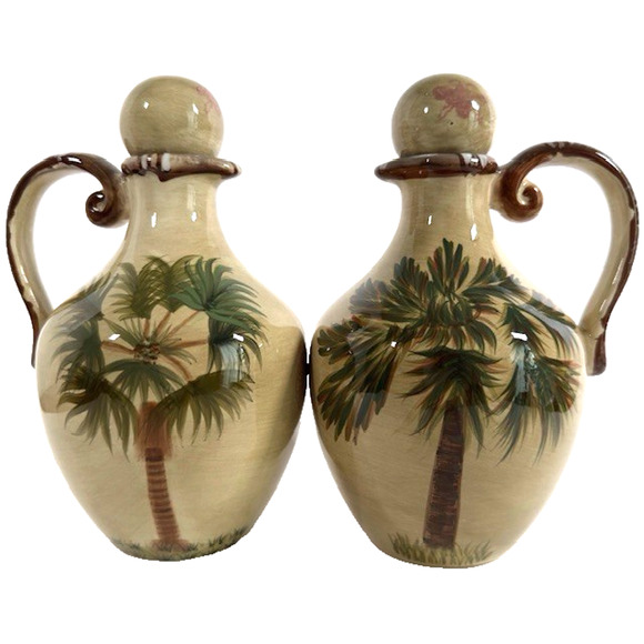 Tabletops Unlimited Bora Bora (2) Oil Or Vinegar Cruet and Stopper Palm Trees - Picture 1 of 16